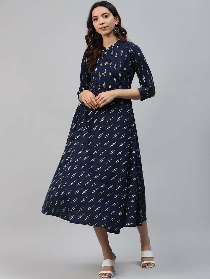 women printed three quarter sleeve a-line kurta