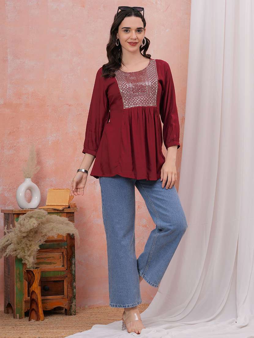 women solid with work three quarter sleeve ethnic top - 22310920 -  Standard Image - 4