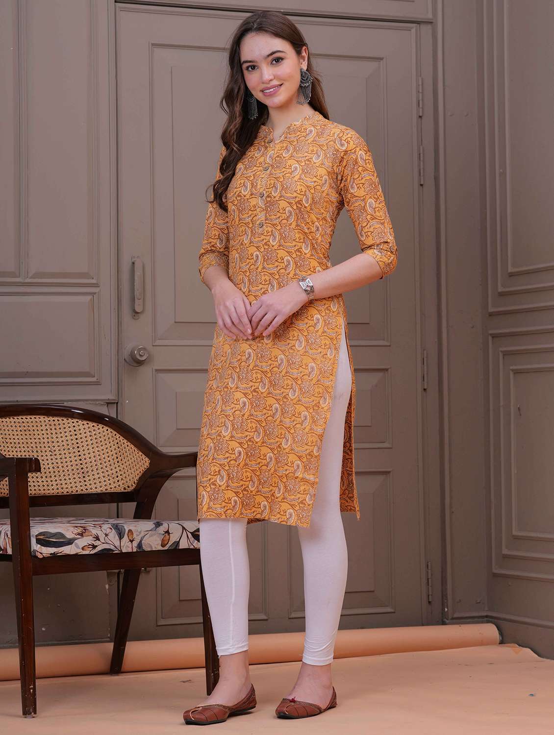 women paisley three quarter sleeve straight kurta - 22310925 -  Standard Image - 1