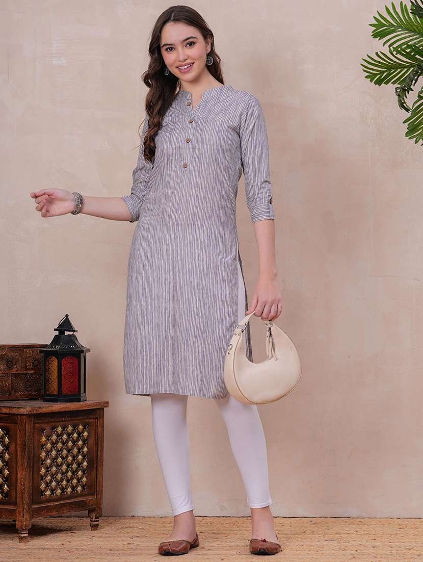 women striped three quarter sleeve straight kurta