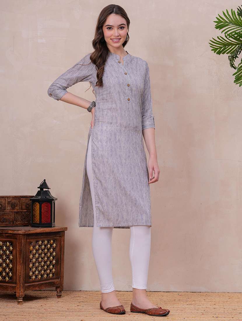 women striped three quarter sleeve straight kurta - 22310926 -  Standard Image - 1