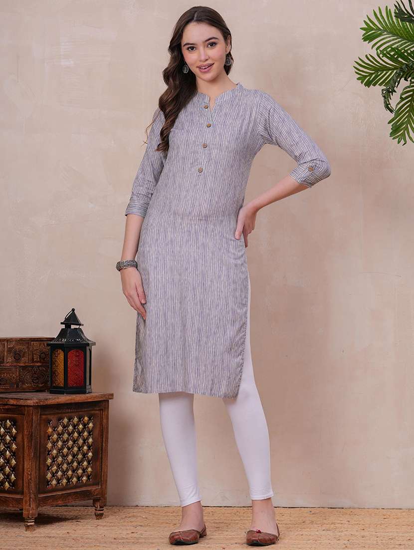 women striped three quarter sleeve straight kurta - 22310926 -  Standard Image - 4