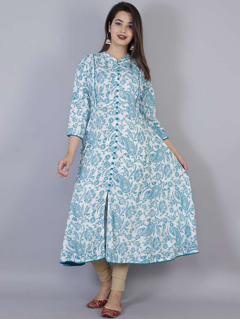 women printed three quarter sleeve front slit kurta