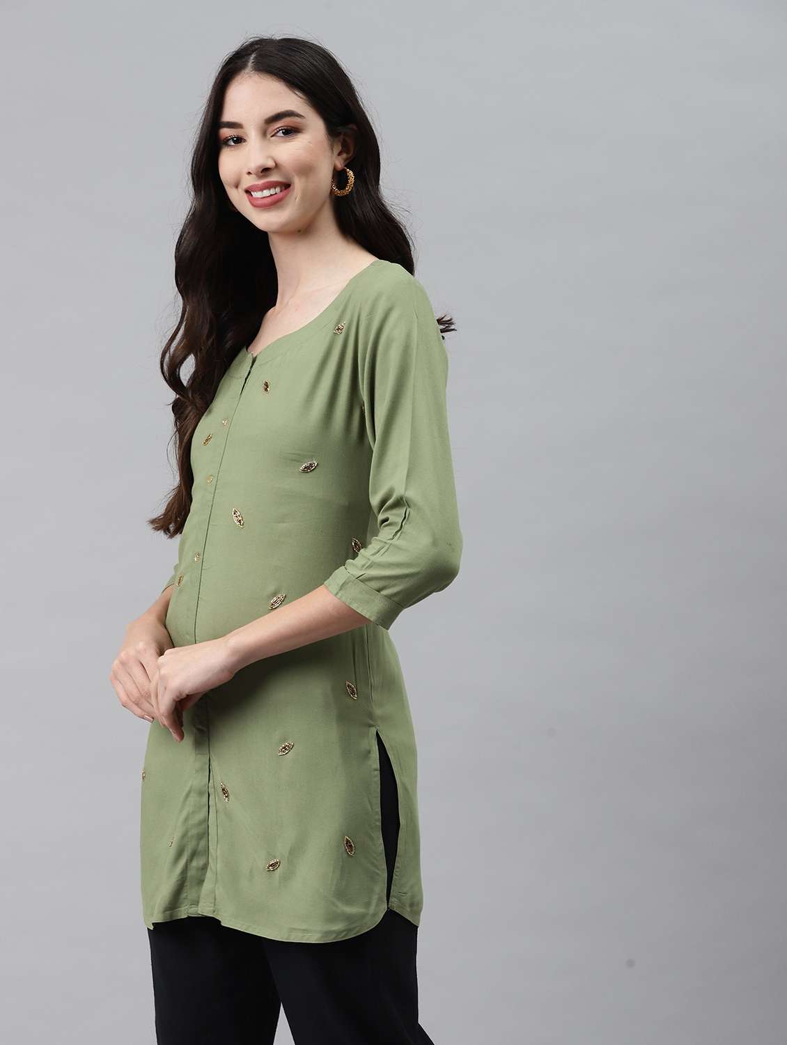 women solid with work three quarter sleeve straight kurti - 22310943 -  Standard Image - 1