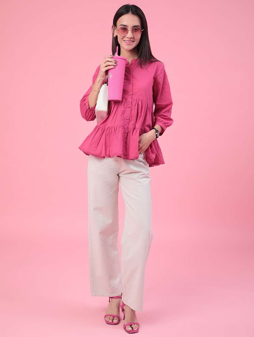 Women Solid Three Quarter Sleeves Tiered Top - 22312087 -  Standard Image - 4