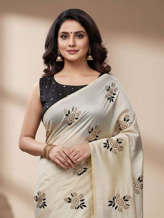 women solid with work embroidered saree with blouse - 22312151 -  Standard Image - 1