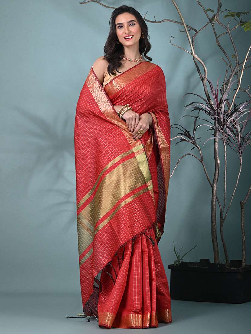 women checkered bordered saree with blouse - 22312706 -  Standard Image - 1