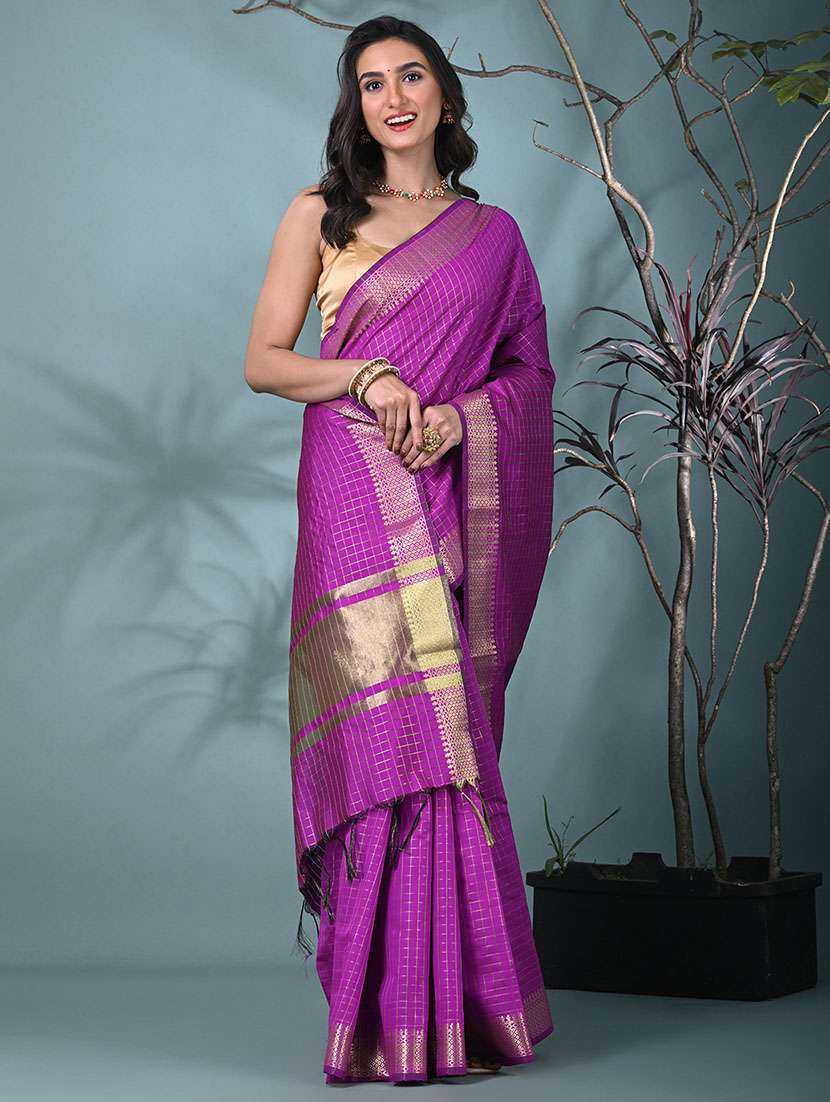 women checkered bordered saree with blouse - 22312708 -  Standard Image - 1
