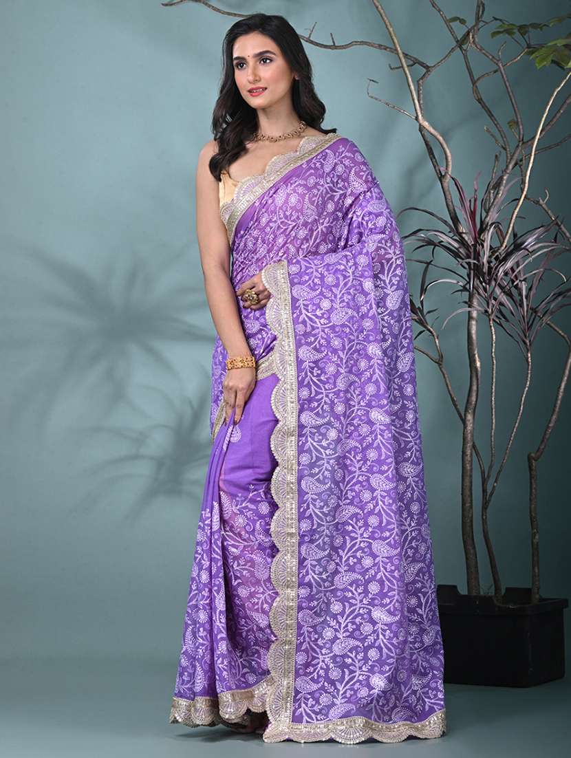 women solid with work embroidered saree with blouse - 22312714 -  Standard Image - 1