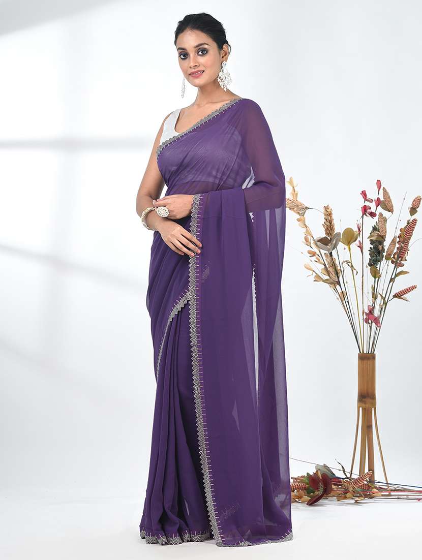 women solid with embellished bordered saree with blouse - 22312777 -  Standard Image - 1