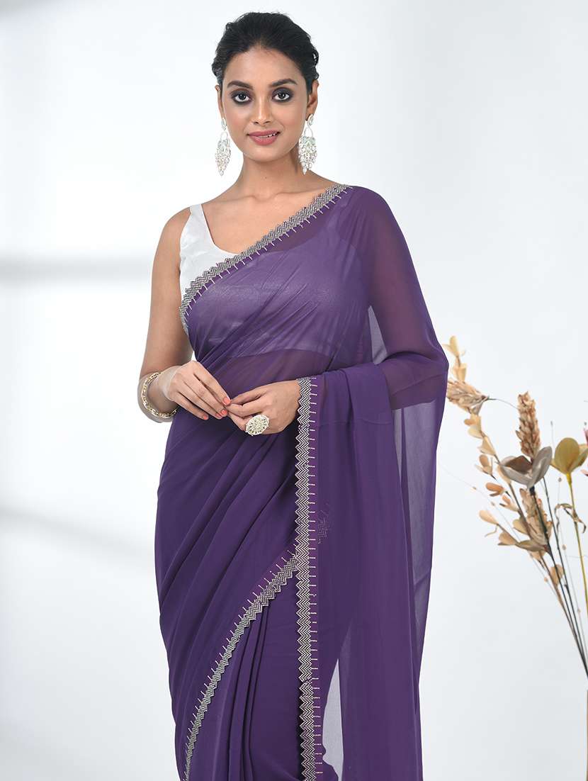 women solid with embellished bordered saree with blouse - 22312777 -  Standard Image - 4