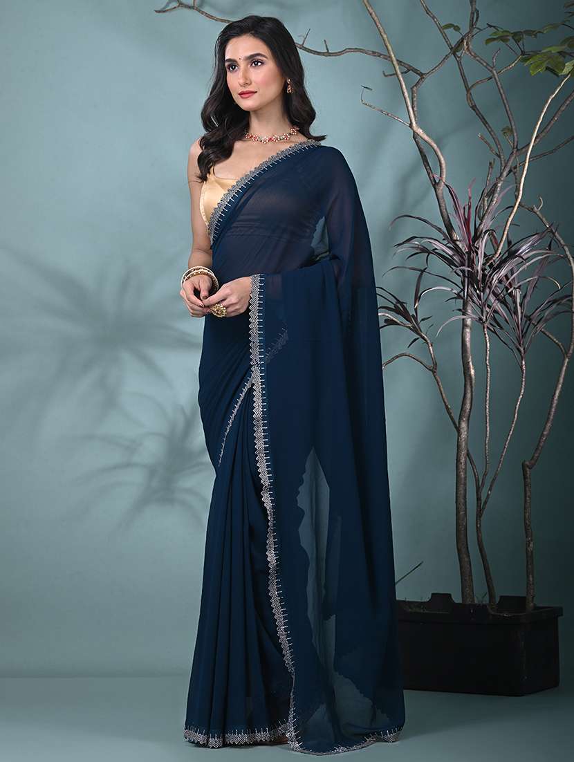 women solid with embellished bordered saree with blouse - 22312778 -  Standard Image - 1