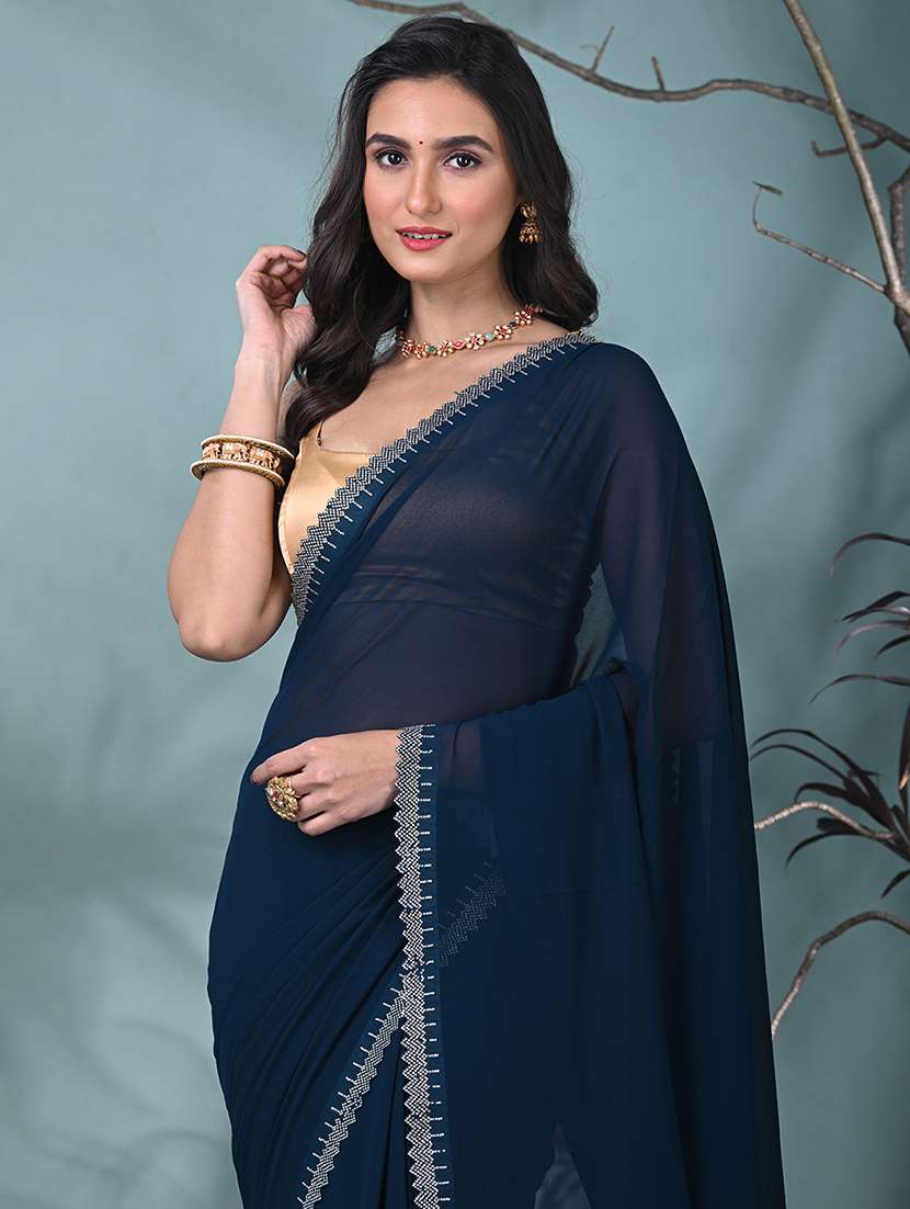 women solid with embellished bordered saree with blouse - 22312778 -  Standard Image - 4