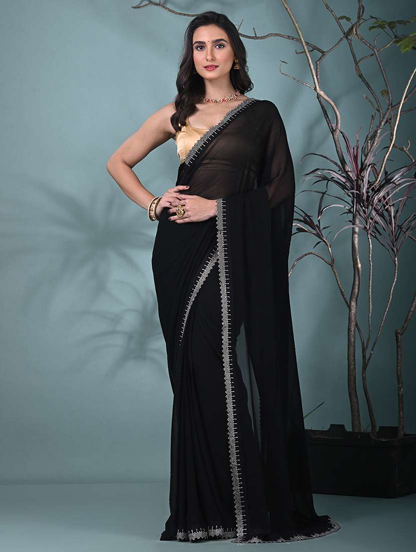 women solid with embellished bordered saree with blouse