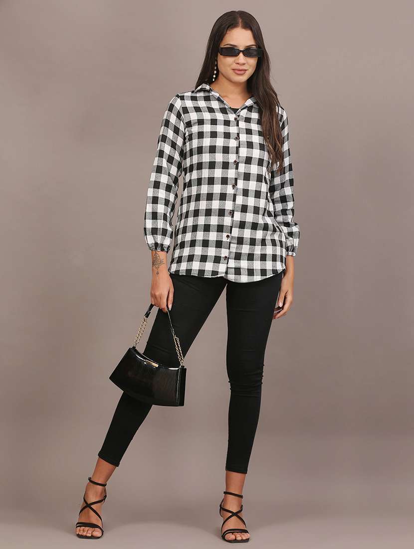 women checkered lapel collar long sleeve shirt - 22312844 -  Standard Image - 6