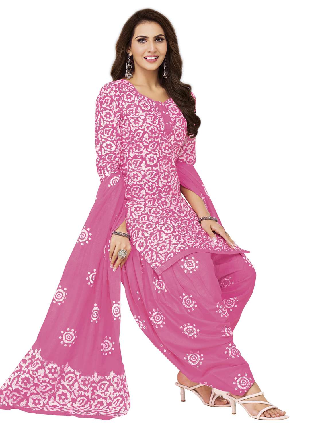women printed three quarter sleeve kurta salwar with dupatta set
