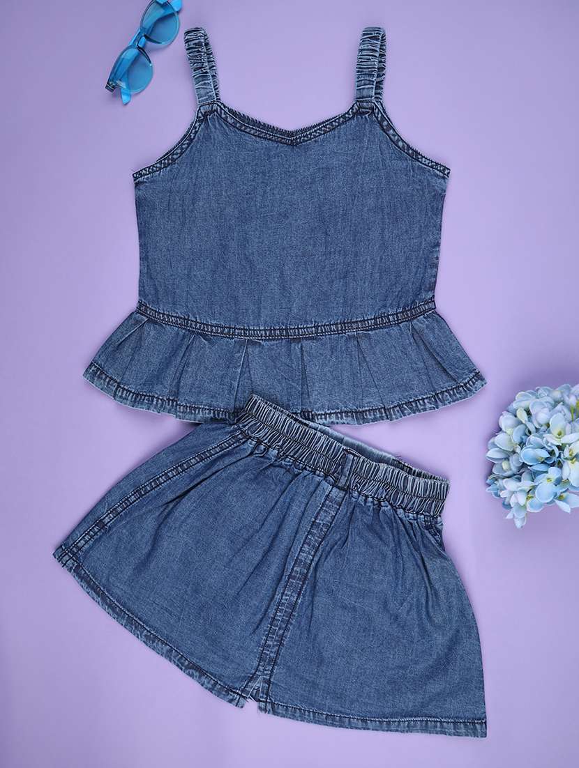 girls solid denim top and short set - 22313245 -  Standard Image - 1