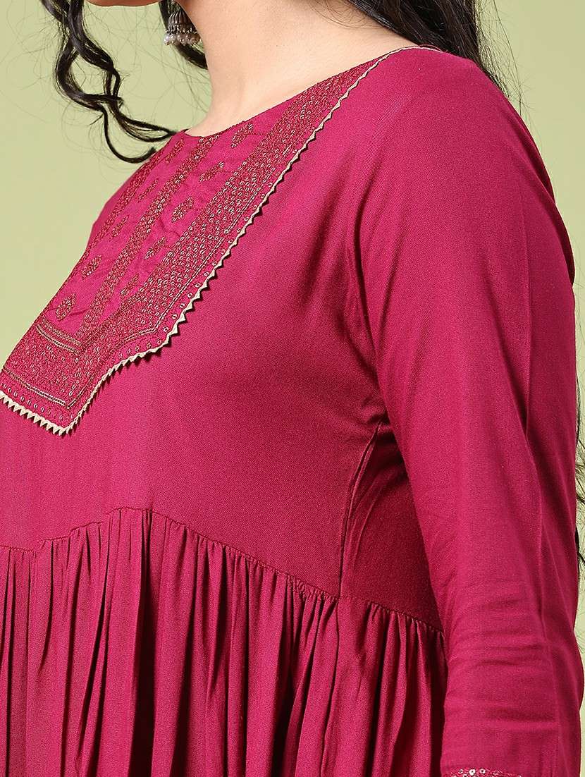 women solid with work three quarter sleeve kurta pant set - 22313588 -  Standard Image - 1