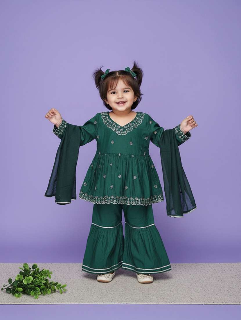 Girls Embroidered Long Sleeves Kurta Sharara Set With Dupatta - 22313664 -  Standard Image - 1
