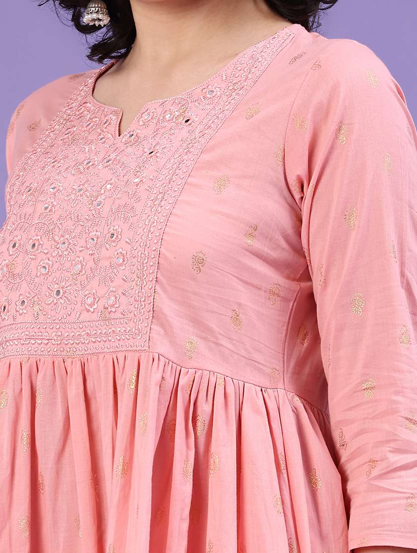 women solid with work three quarter sleeve kurta pant set - 22313682 -  Standard Image - 1