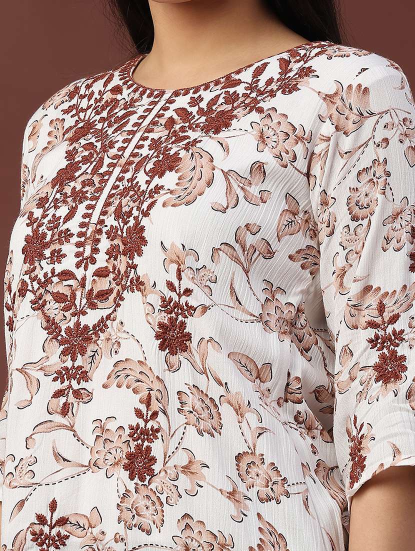 women floral three quarter sleeve straight kurti - 22316395 -  Standard Image - 1