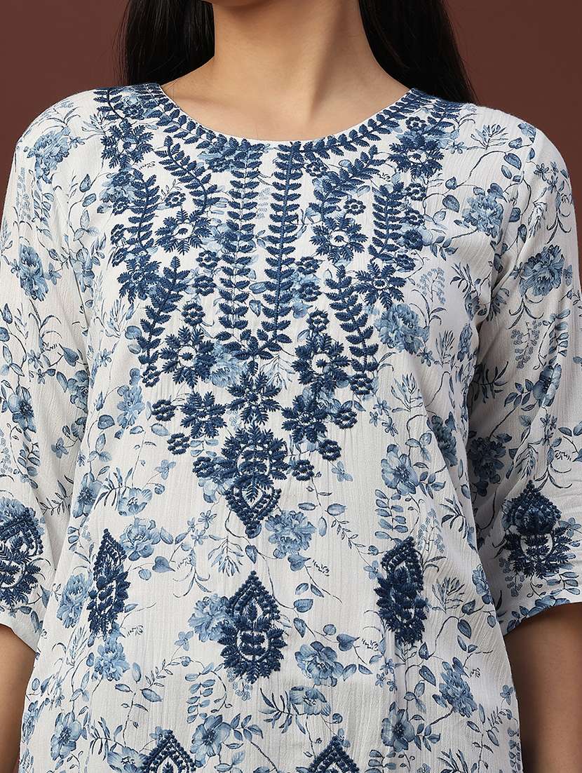 women floral three quarter sleeve straight kurti - 22316401 -  Standard Image - 1