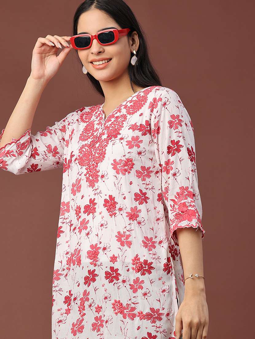 women floral three quarter sleeve straight kurti
