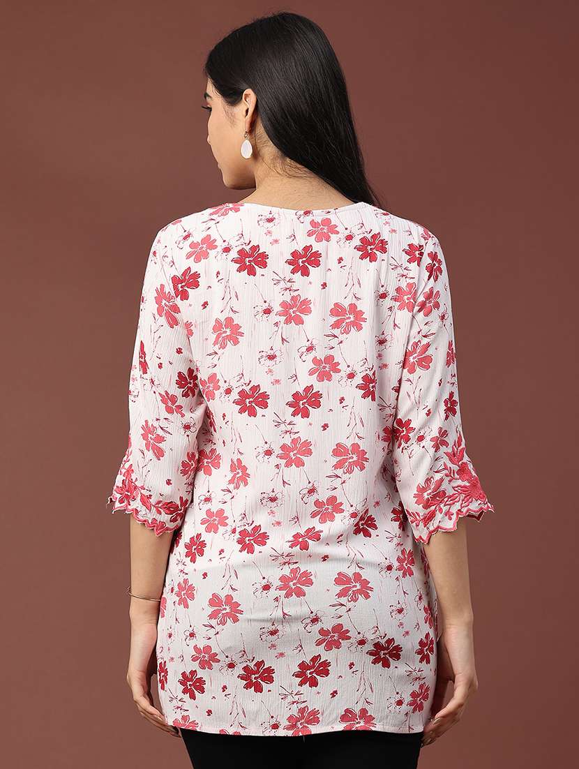 women floral three quarter sleeve straight kurti - 22316408 -  Standard Image - 4