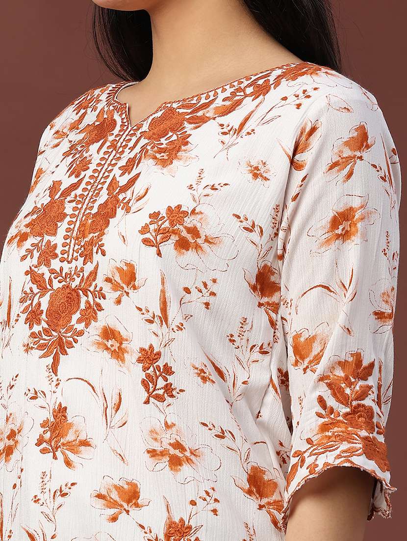 women floral three quarter sleeve straight kurti - 22316412 -  Standard Image - 1