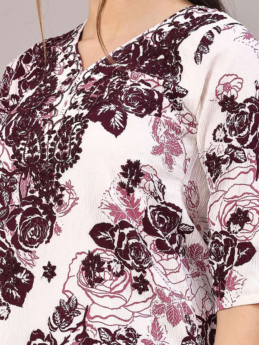 women floral three quarter sleeve straight kurti - 22316427 -  Standard Image - 1