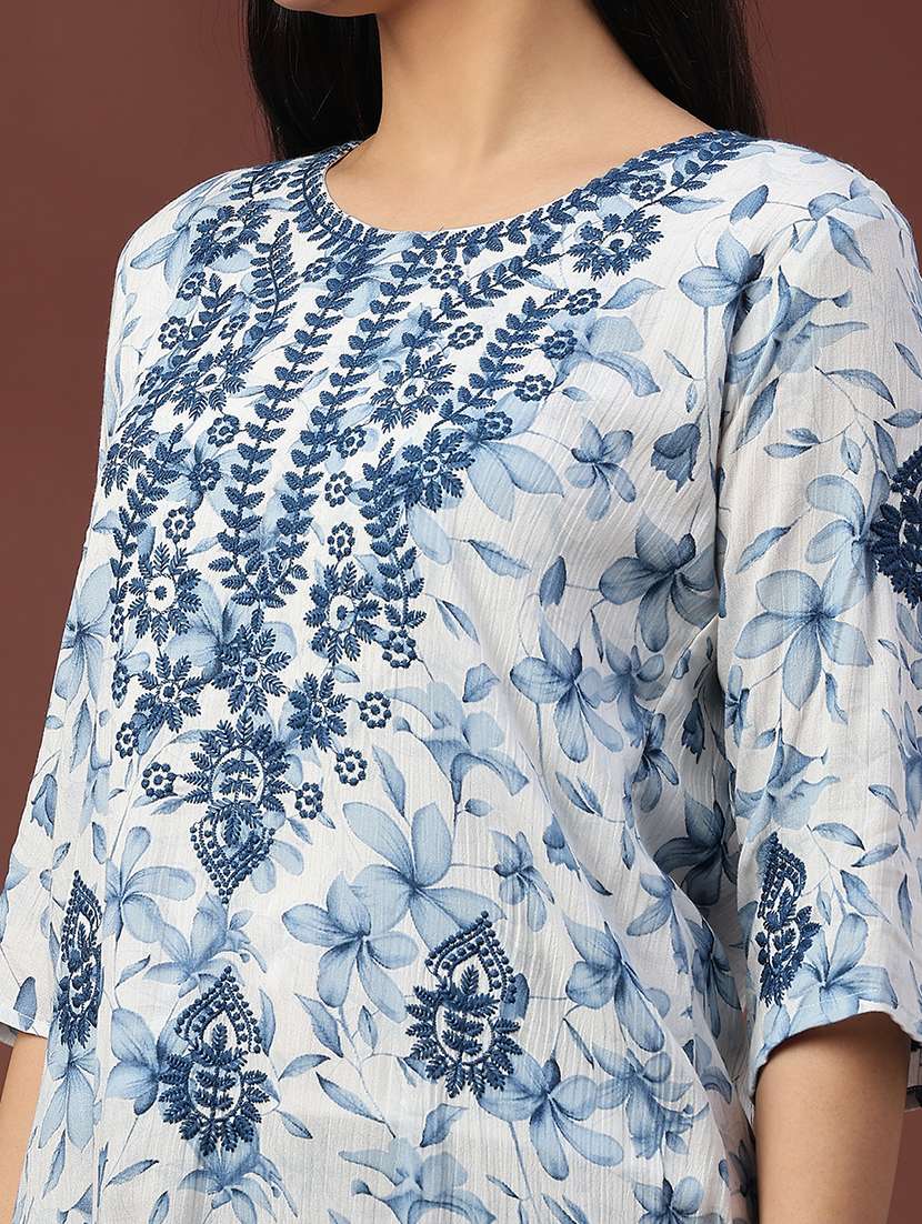 women floral three quarter sleeve straight kurti - 22316442 -  Standard Image - 1