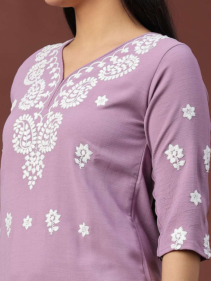 women solid with work three quarter sleeve straight kurti - 22316447 -  Standard Image - 1