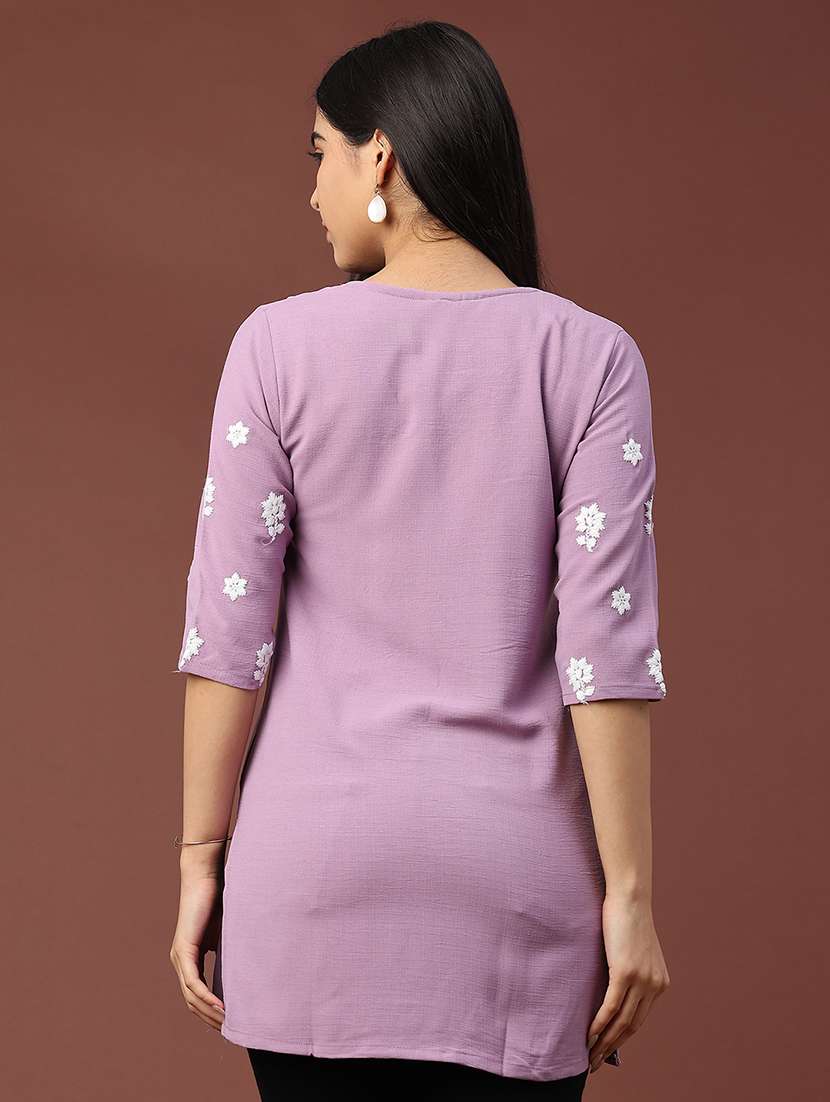 women solid with work three quarter sleeve straight kurti - 22316447 -  Standard Image - 4