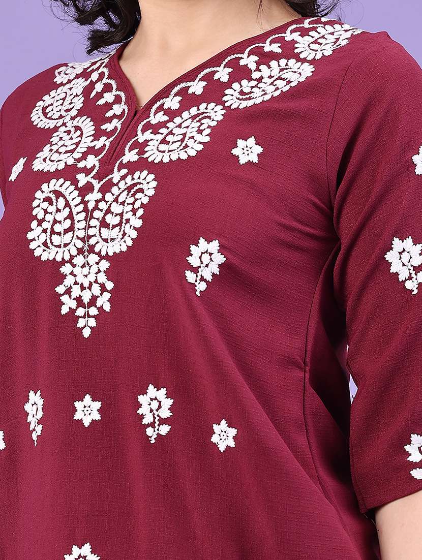 women solid with work three quarter sleeve straight kurti - 22316449 -  Standard Image - 1