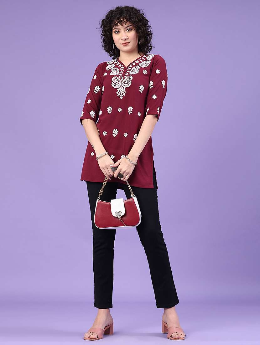 women solid with work three quarter sleeve straight kurti - 22316449 -  Standard Image - 4