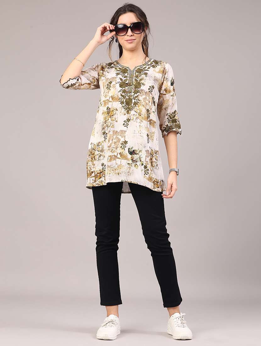 women floral three quarter sleeve straight kurti - 22316452 -  Standard Image - 4