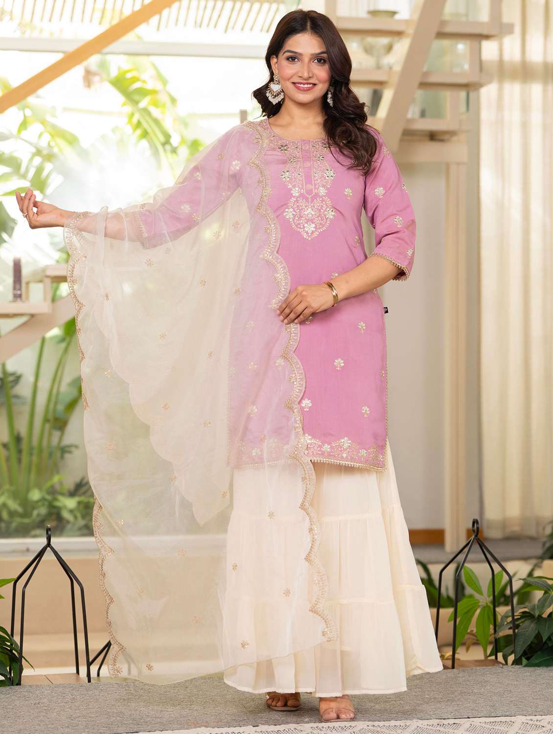 women solid with work round neck kurta sharara with dupatta set