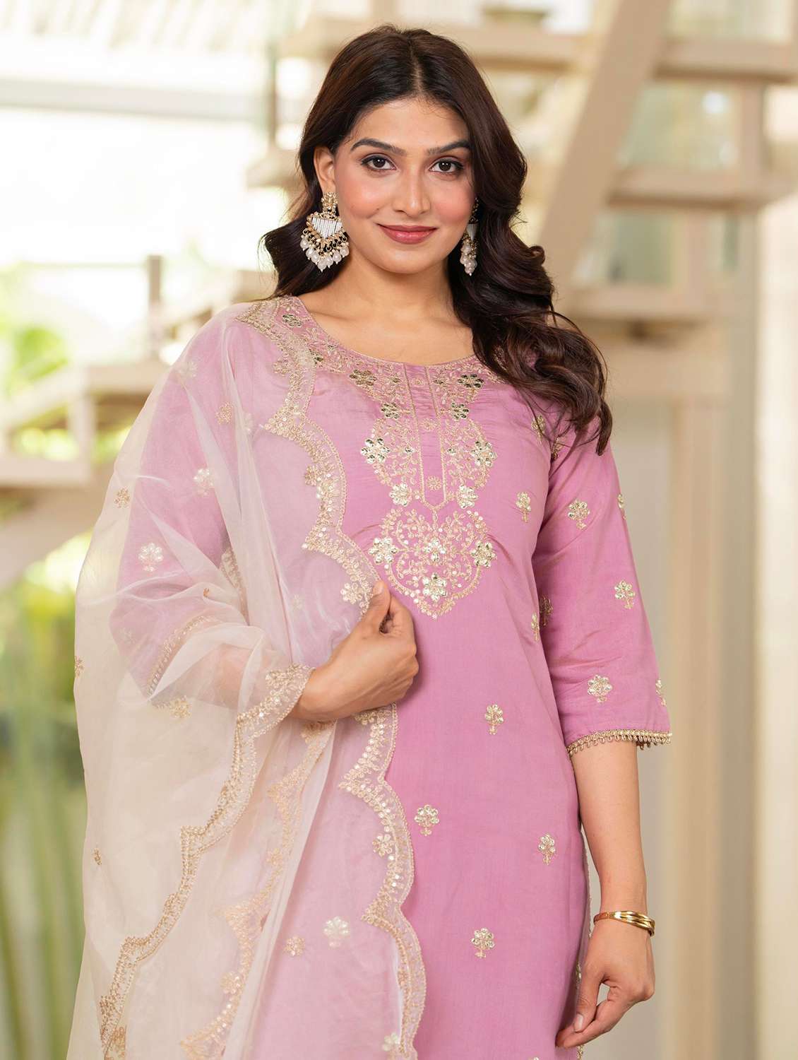 Women Solid With Work Round Neck Kurta Sharara With Dupatta Set - 22316784 -  Standard Image - 4