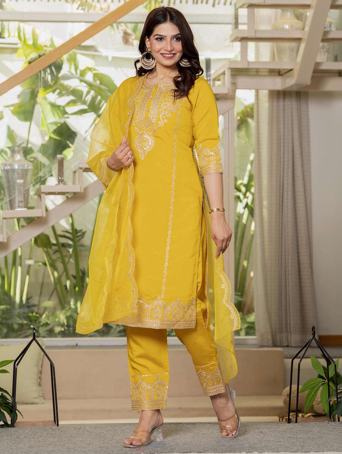 women solid with work round neck kurta pant with dupatta set - 22316786 -  Standard Image - 1