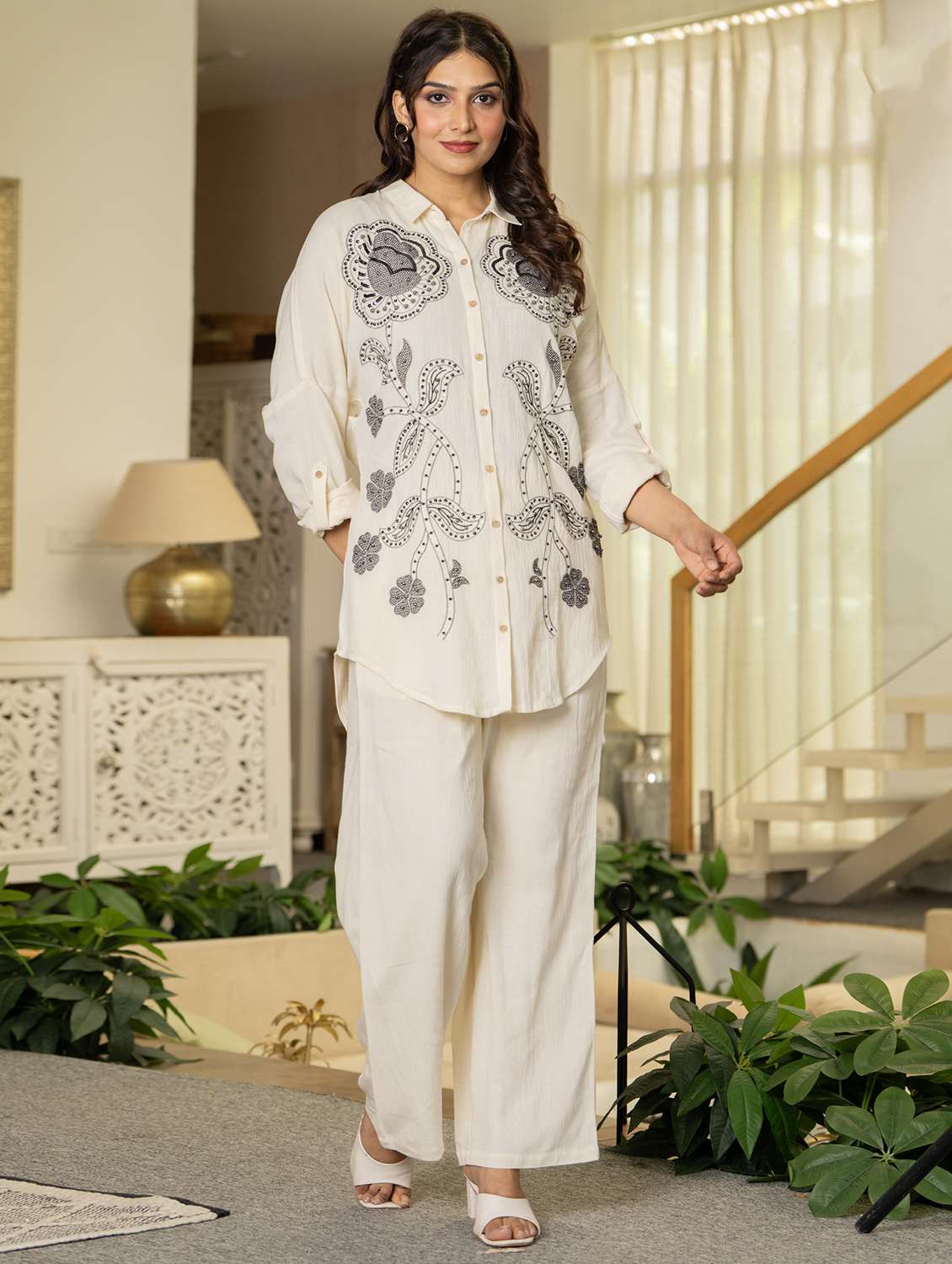 women solid with work long sleeve ethnic co-ord set - 22316811 -  Standard Image - 1