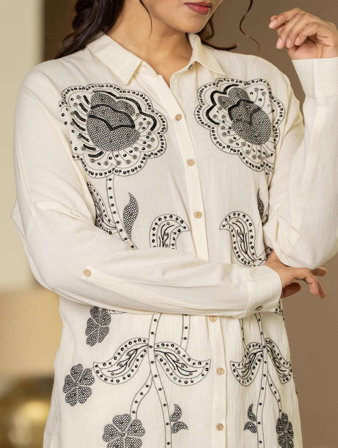women solid with work long sleeve ethnic co-ord set - 22316811 -  Standard Image - 4