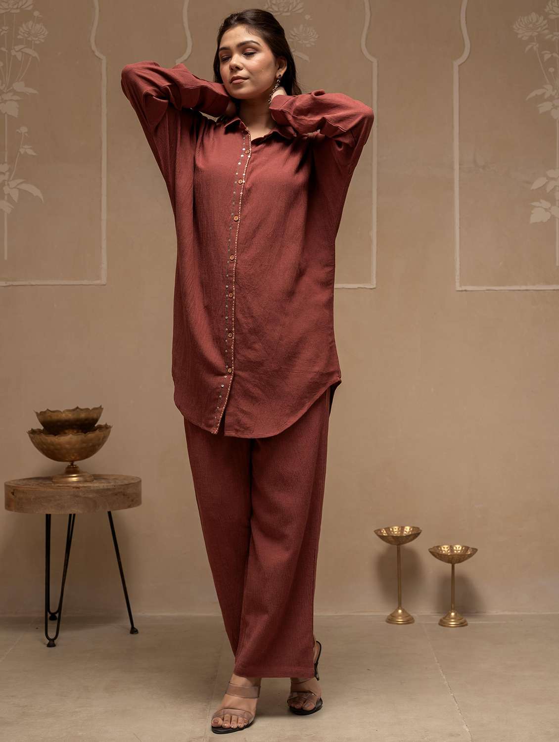 women solid with work shirt collar neck ethnic co-ord set - 22316812 -  Standard Image - 1