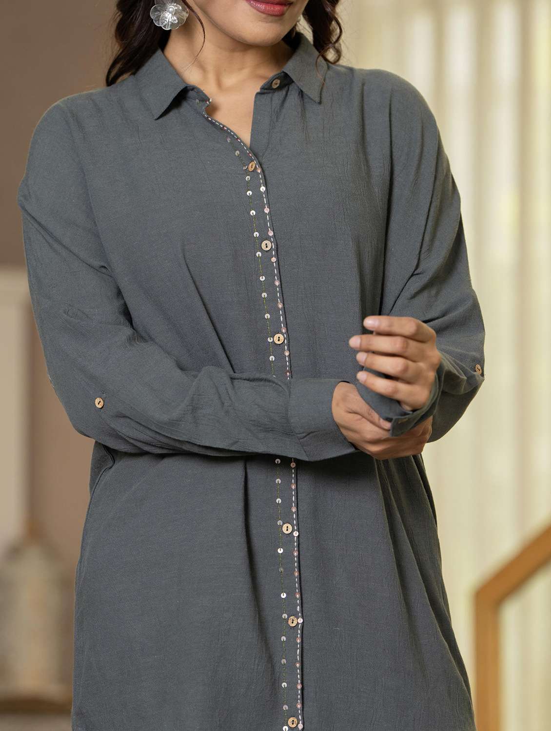 women solid with work shirt collar neck ethnic co-ord set - 22316813 -  Standard Image - 4