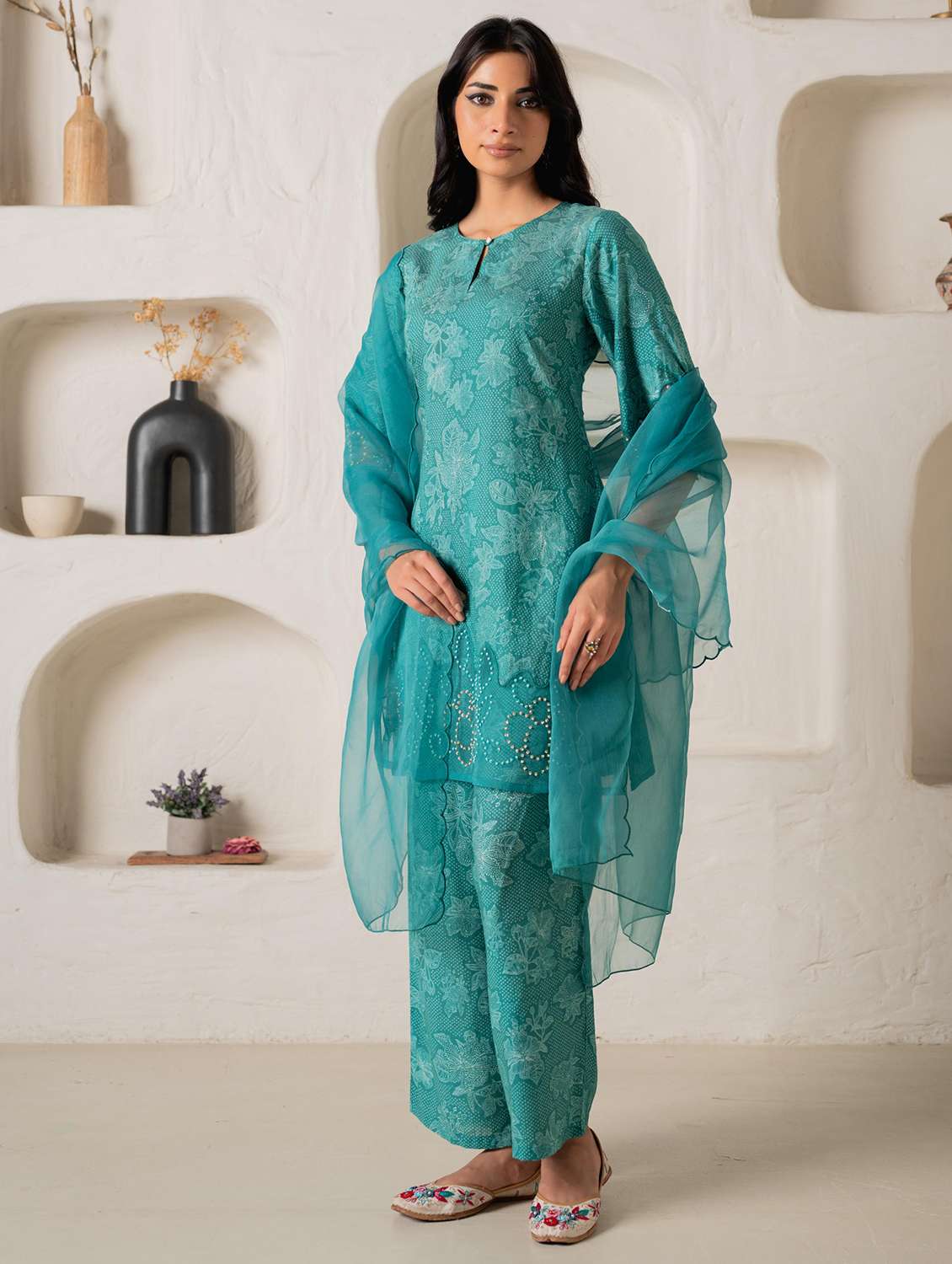 women solid with work three quarter sleeve kurta pant with dupatta set - 22316818 -  Standard Image - 1