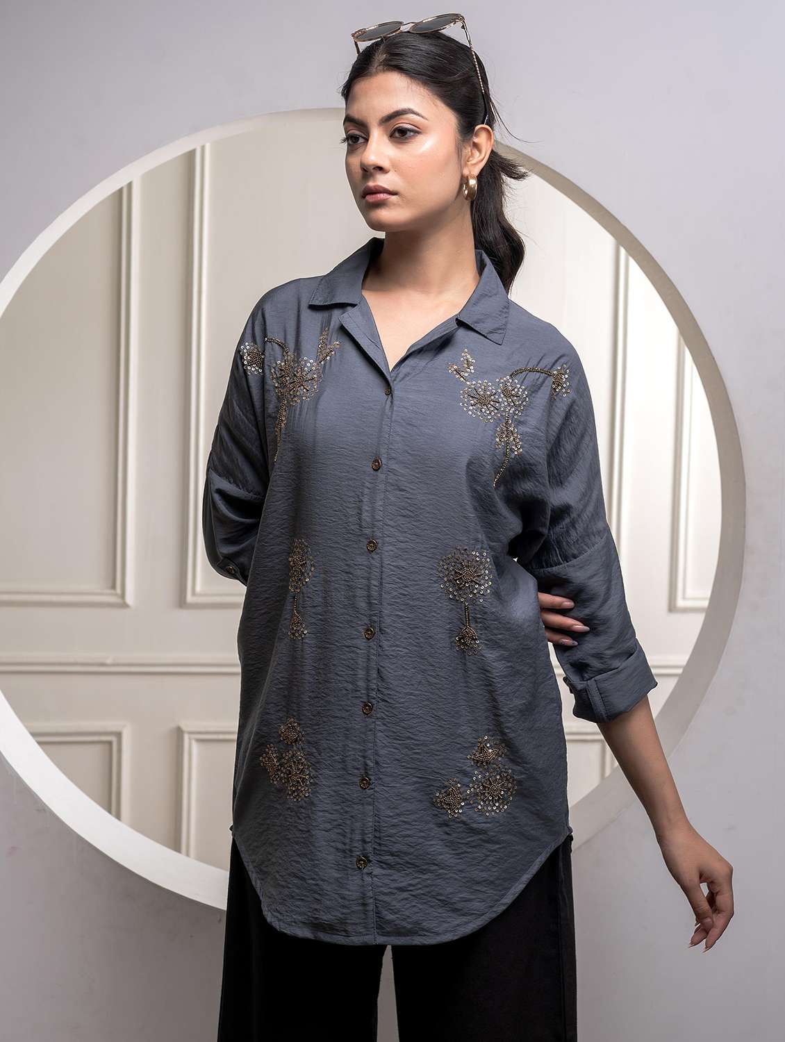 women solid with work long sleeve ethnic top - 22316835 -  Standard Image - 1