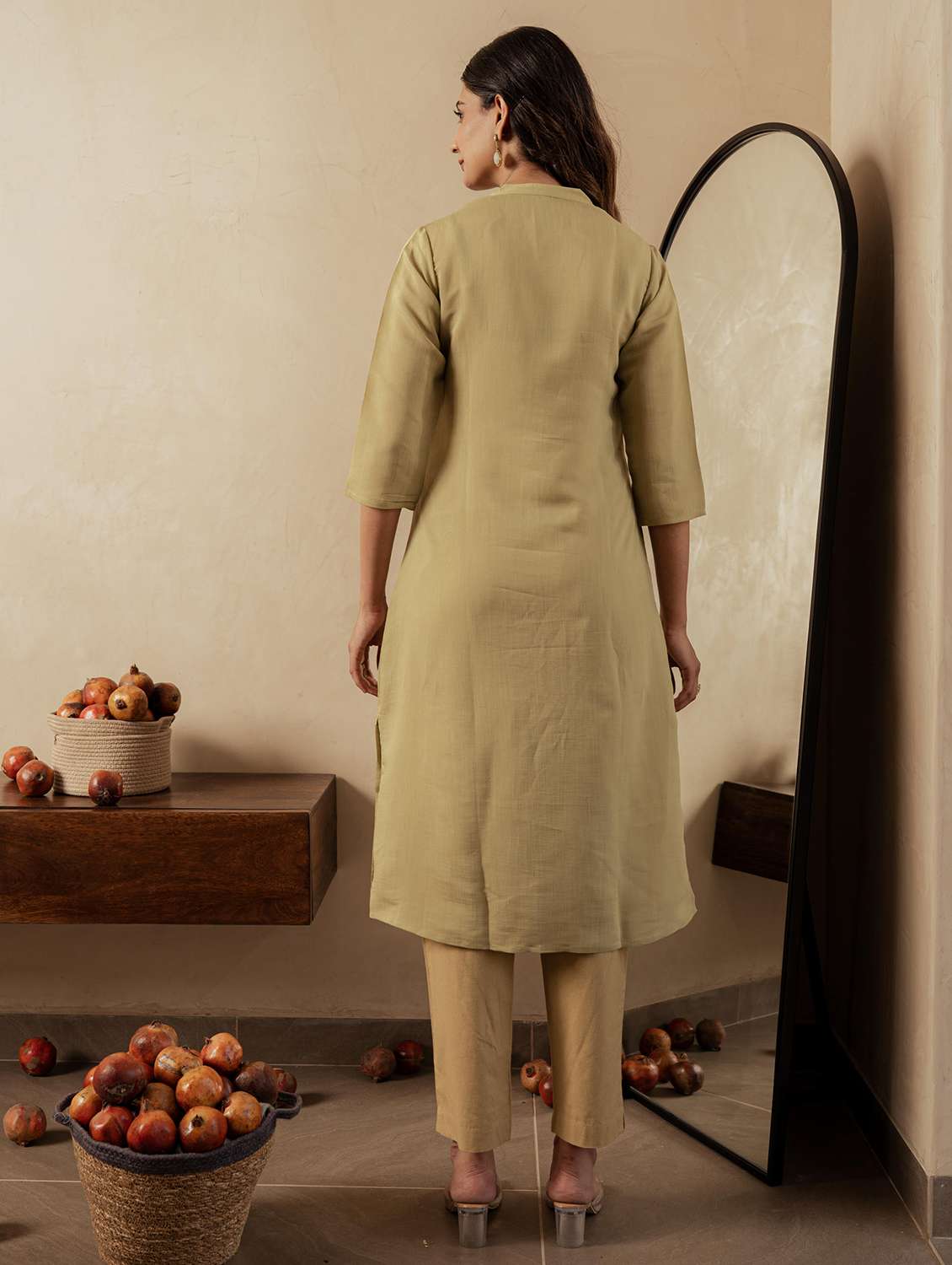 women solid with work three quarter sleeve a-line kurta - 22316846 -  Standard Image - 1