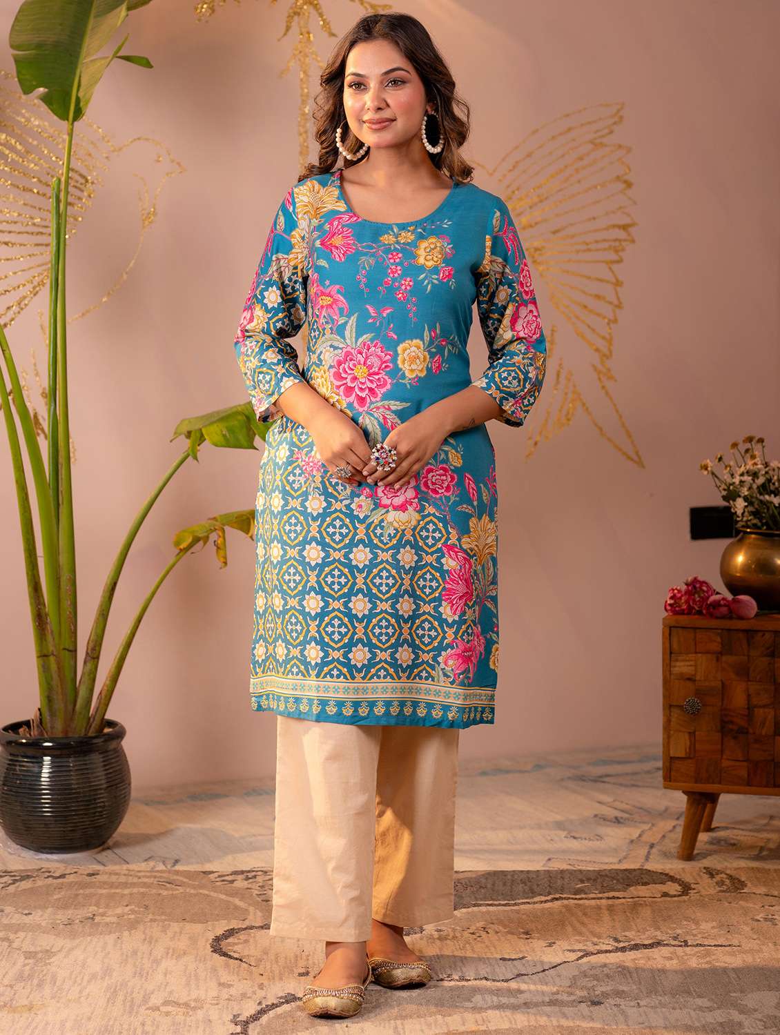 women floral three quarter sleeve straight kurta