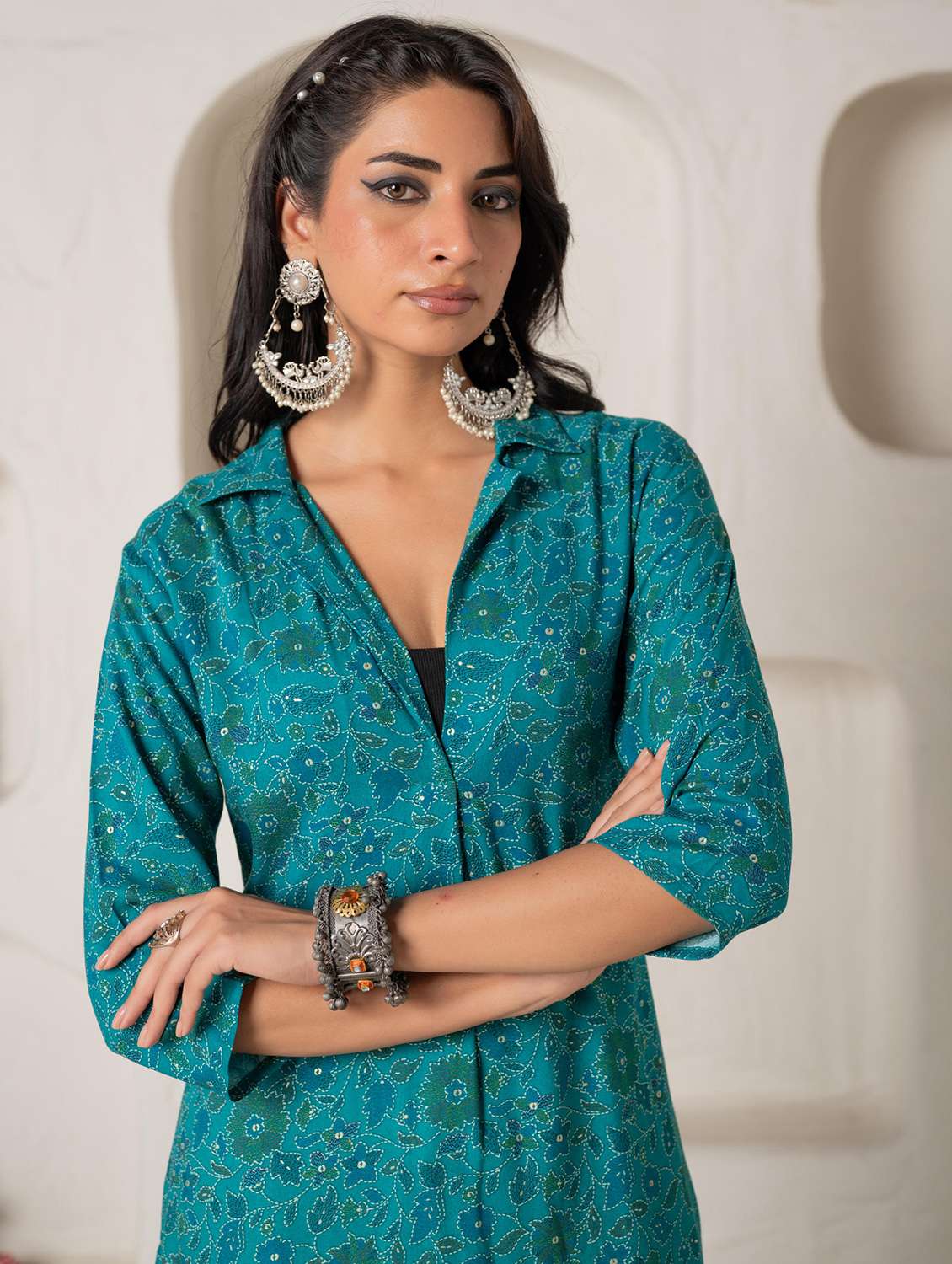 women floral viscose shirt collar straight kurta - 22316852 -  Standard Image - 1