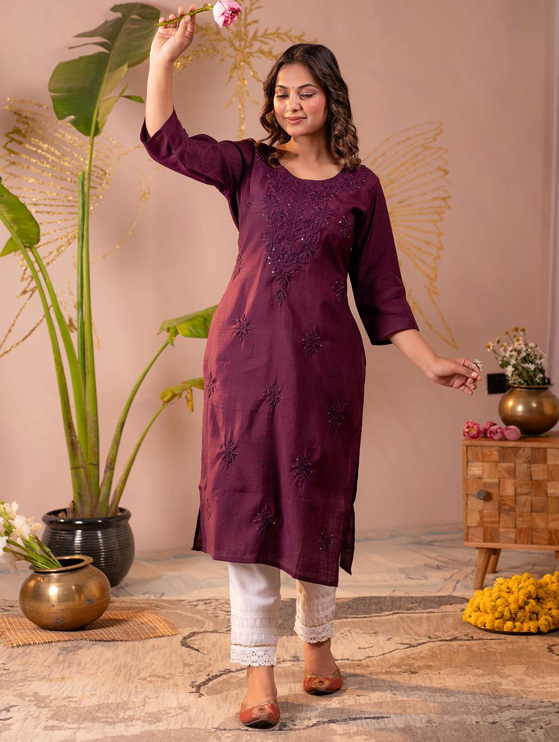 women solid with work three quarter sleeve straight kurta