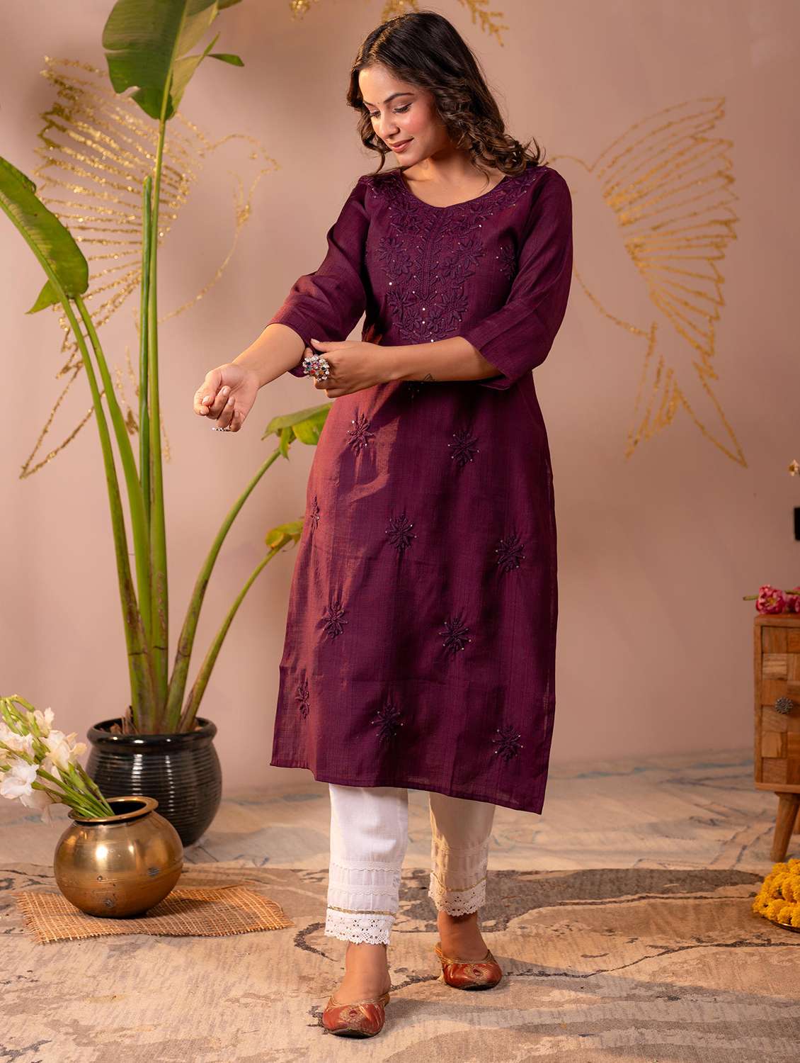 women solid with work three quarter sleeve straight kurta - 22316855 -  Standard Image - 1